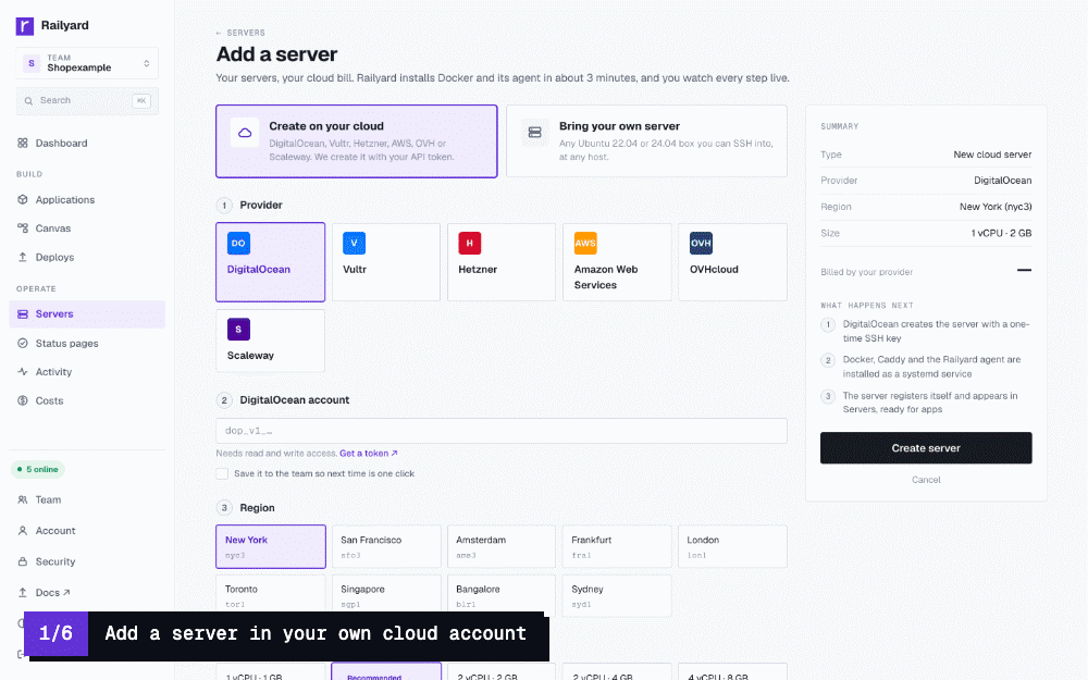 Railyard step by step: add a server in your cloud account, paste a GitHub link, deploy, and the app is live on HTTPS