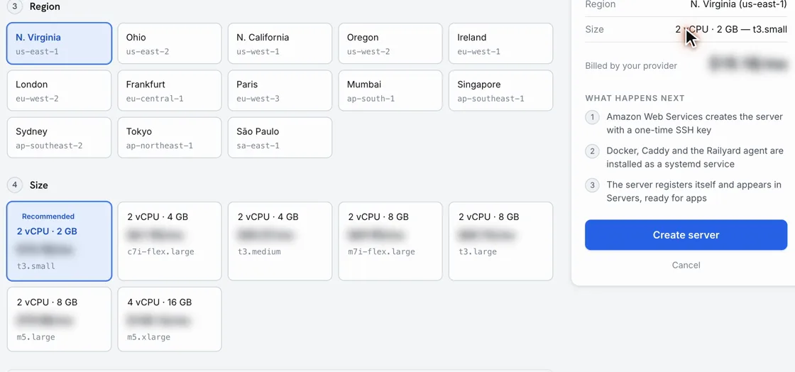 Ajouter un serveur : fournisseur, région et taille