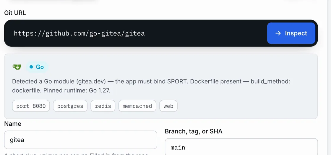 Railyard détecte une application Go avec un Dockerfile à partir d'une URL GitHub