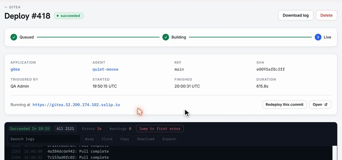 Déploiement réussi, en ligne à une adresse HTTPS